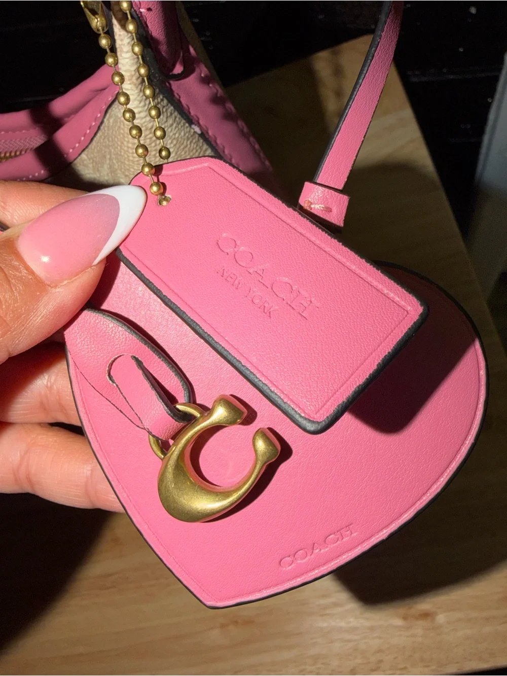 Coach Beige Signature Canvas Shoulder Bag with Pink Trim and Gold Chain